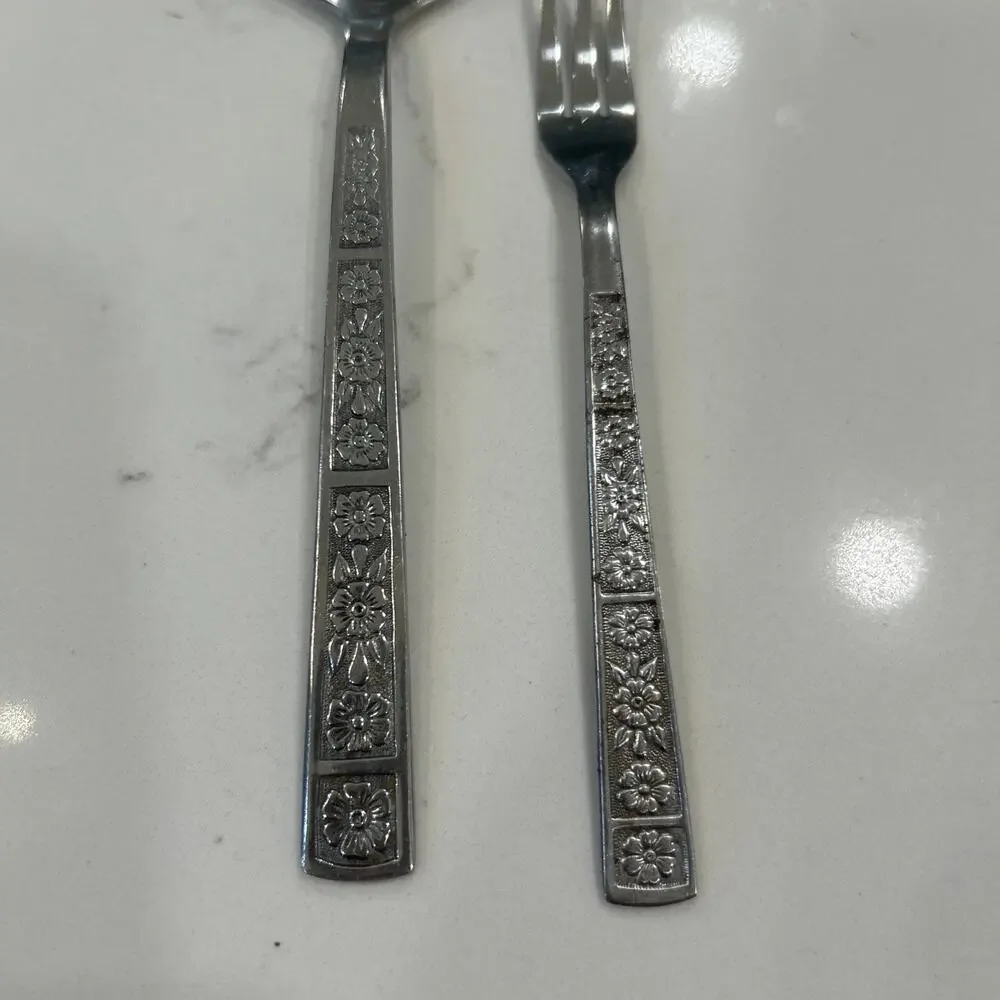 Imperial SERTA Pierced Serving Spoon & Small Fork Floral Stainless Flatware